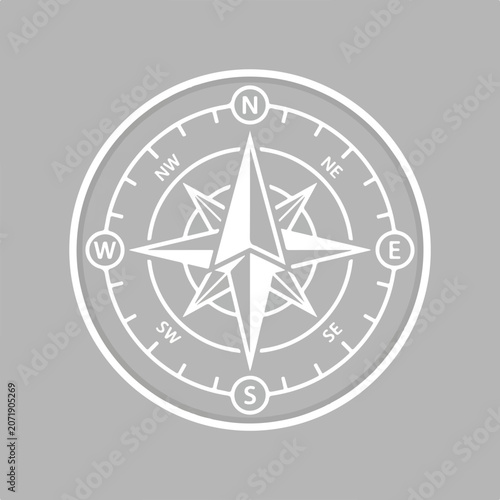 Minimalist white vector compass rose icon on grey background.