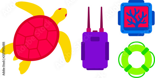Cuadro en lienzo Deep Sea Marine Biology Vector Set Featuring Pink Sea Turtle Purple Radio Transm