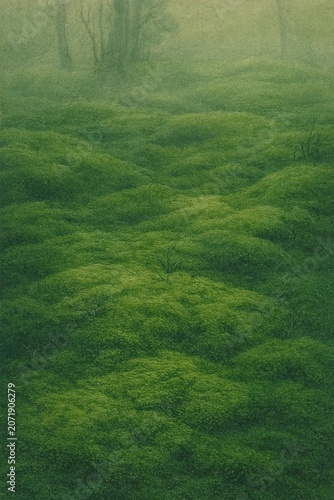 Minimalist Zen watercolor illustration featuring a lush texture of soft green moss