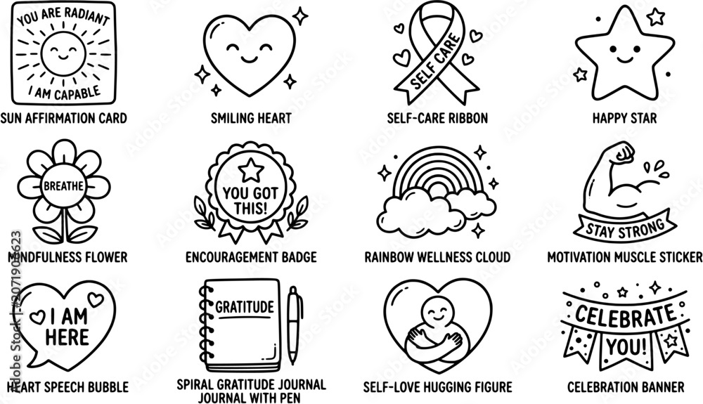 Fototapeta premium Mental health affirmation vector icon set, doodle line art stickers