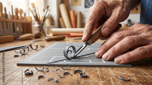 Craftsman carving a soccer field design on a linoleum block with a gouge tool in a workshop
