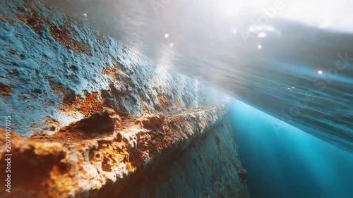 Underwater Cliff Face: A dramatic underwater scene reveals a textured cliff face dropping into the deep blue ocean, illuminated by dappled sunlight filtering through the water's surface.