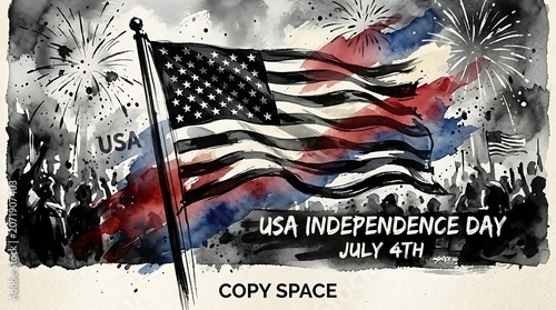 Artistic Watercolor USA Independence Day July 4th Background with Waving American Flag and Fireworks
