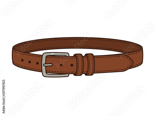An illustration of a brown leather belt with a silver buckle on a white background