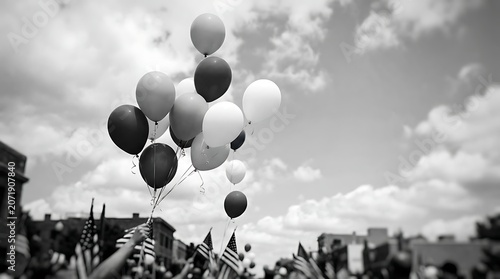 Monochrome View of Bunch of Balloons and American Flags During a Patriotic Parade Under Cloudy Sky