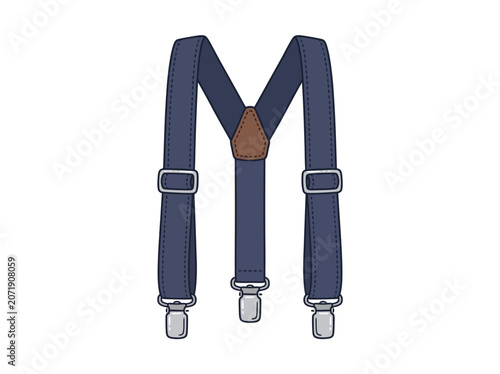 An illustration of navy blue suspenders with silver buckles and brown leather piece.