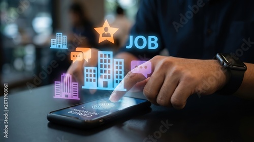 Career Network Access Concept: Sharp Close Up of Hand Tapping Smartphone Screen with Floating Holographic 2D Icons of Corporate Buildings, Messaging Bubbles, Hiring Star, and Glowing JOB Text