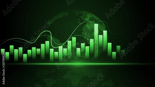 Financial chart with rising bars line graph and globe animation, showing business growth market data and global economy