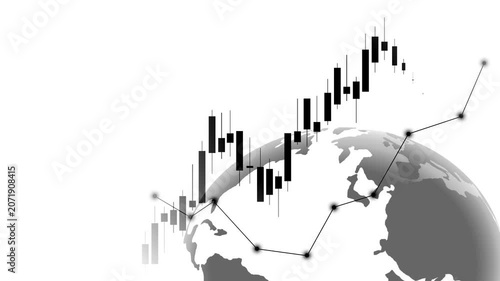 Financial world map with a candlestick chart and glowing trade lines animation, showing global market growth analysis and investment trends
