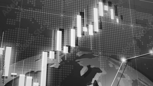Financial world map with a candlestick chart and glowing trade lines animation, showing global market growth analysis and investment trends