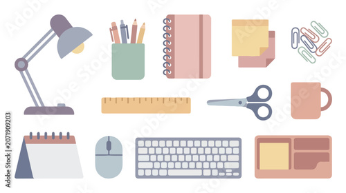 Desk Accessories and Workspace Flat Vector Icons Collection Set