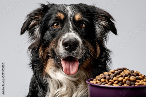 Dog sits next to bowl of food looking happy and excited for mealtime in a studio setting