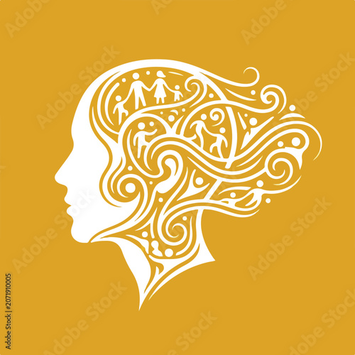 Stylized human head silhouette filled with intricate family patterns and abstract flowing hair.