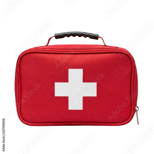 Red first aid kit bag with white medical cross symbol