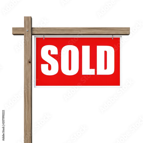 Fotografía Red sold sign on a wooden post for real estate property