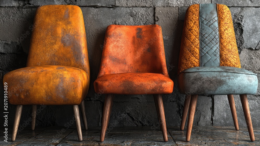 Fototapeta premium Worn, vintage chairs, wood legs against a dark stone wall