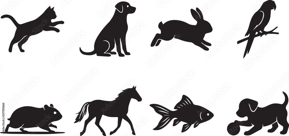 Obraz premium Domestic pets and animals silhouette collection featuring cat, dog, rabbit, parrot, hamster, horse, and fish.