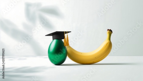 Generative AI creatively combines a banana and a graduation cap with a green egg-shaped object as