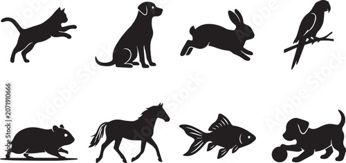 Domestic pets and animals silhouette collection featuring cat, dog, rabbit, parrot, hamster, horse, and fish.
