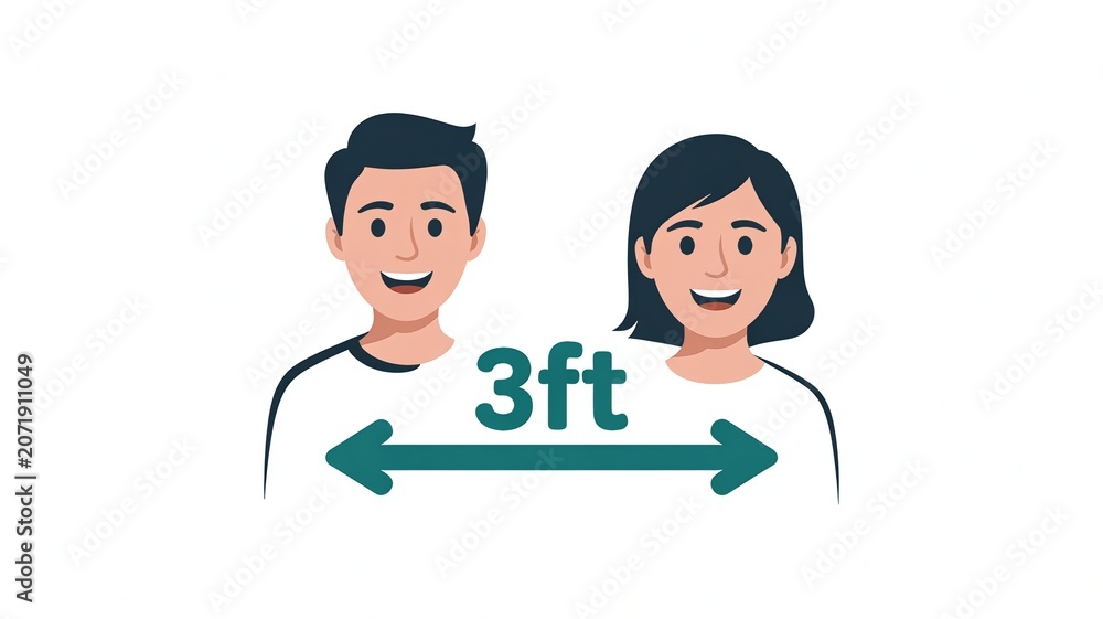 Fototapeta premium Happy young man and woman maintaining three feet social distance spacing illustration on white background