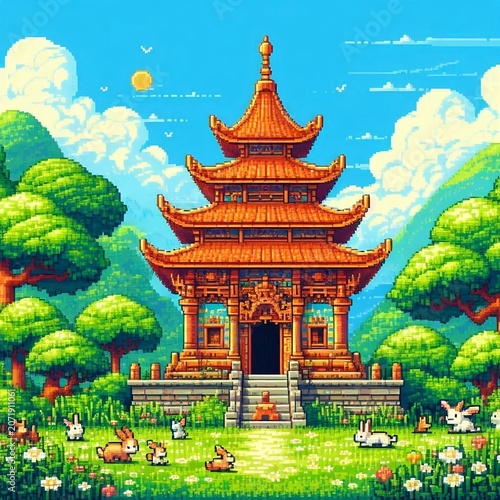 Traditional oriental building with tiered roof in pixel graphics style