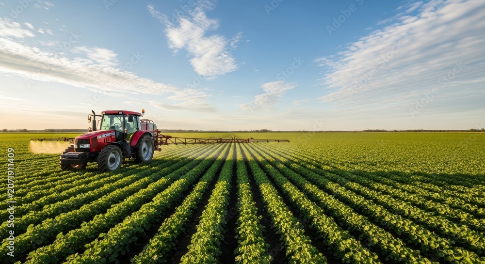 Obraz premium Red tractor spraying pesticides or fertilizers on a vast green agricultural field under a clear blue sky