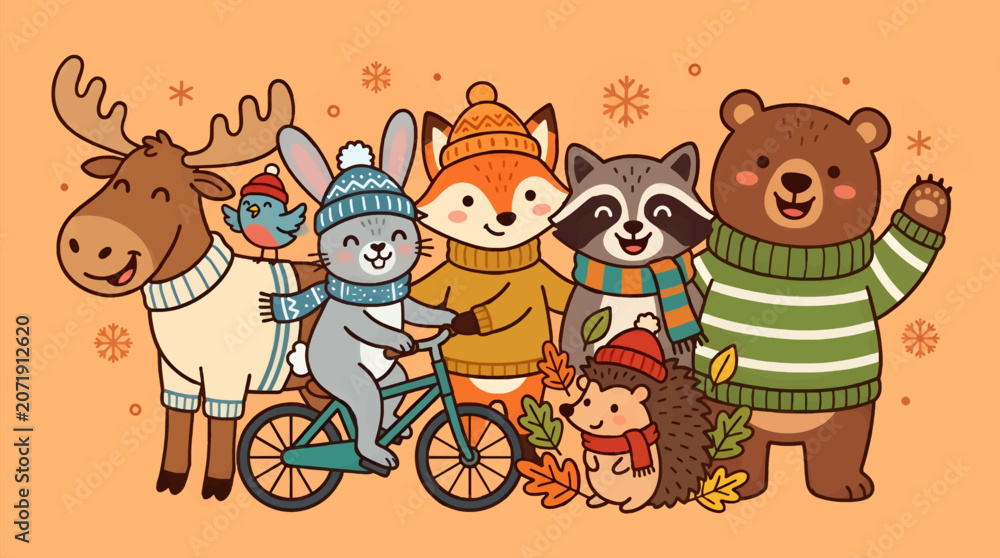 Obraz premium Cute Cartoon Winter Animals in Flat Design Style, Moose, Rabbit on Bicycle, Fox, Raccoon, Hedgehog, Bear, Bird, Festive Outfits, Snowflakes