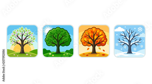 Obraz na płótnie Four seasonal tree icons in a row, each representing spring, summer, autumn, and winter with distinct colors and elements on a white background