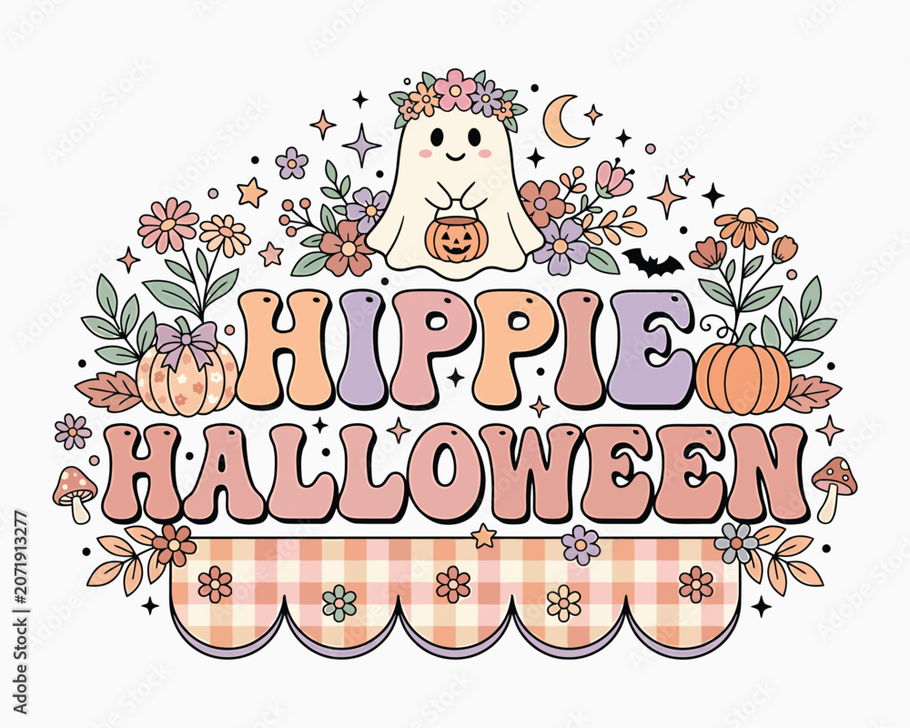 Fototapeta premium Hippie halloween skeleton graphic with floral pumpkins and ghost