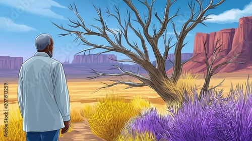 Adult man seen from back standing in desert canyon landscape with leafless tree and purple shrubs under clear sky Concept of solitude and exploration