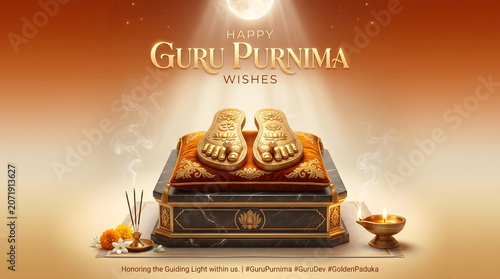 Happy Guru Purnima golden paduka worship banner with full moon spiritual greeting illustration design