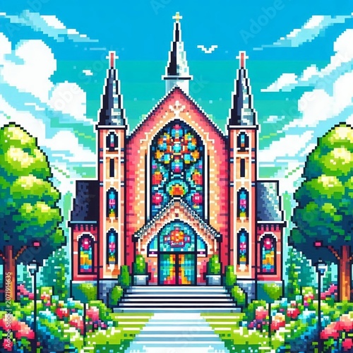 16-bit retro architecture illustration of a classic gothic church