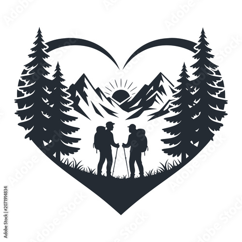 Heart Shaped Mountain Hiking Couple Silhouette Illustration, outdoor adventure