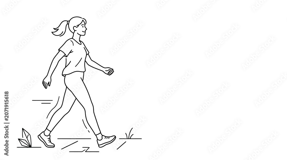Fototapeta premium A minimalist line drawing depicts a healthy young woman enjoying a brisk walk outdoors, surrounded by grass and leaves, promoting an active lifestyle
