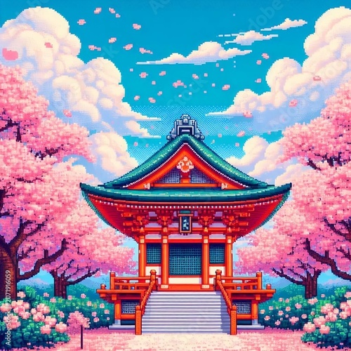 Beautiful Shinto shrine in spring season with pink sakura trees pixel art