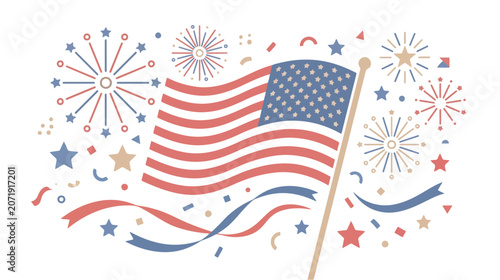 American Flag and Fireworks Flat Vector Celebration Elements Collection