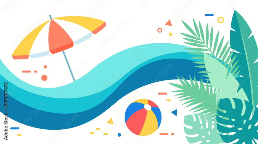 Fototapeta premium Abstract beach inspired composition with umbrella ball and palm leaves
