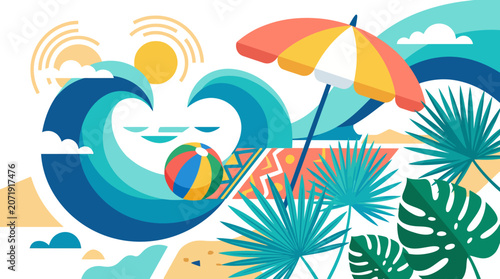 Vibrant Summer Beach Vacation Illustration featuring Tropical Palm Leaves, Ocean Waves, Sunny Sky, and Beach Accessories for Travel Concept