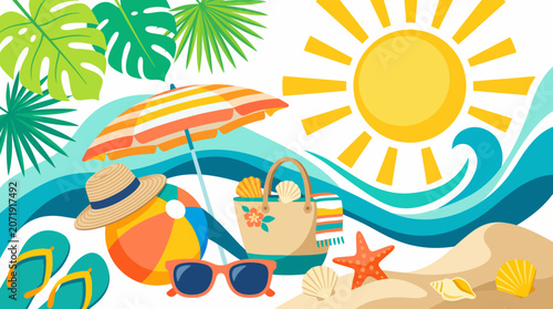 Vibrant summer beach vacation illustration with essential tropical elements, golden sun, blue waves, sandy shore, umbrella, and holiday accessories for a joyful atmosphere