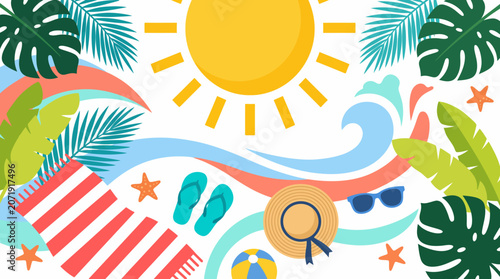 Colorful Summer Beach Vacation Elements Composition with Sun Palm Leaves and Holiday Accessories on White Background