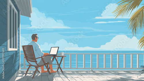 Relaxed senior man balcony ocean view laptop remote work digital nomad beach house morning light freelance peaceful atmosphere Senior man sits balcony with ocean view using laptop for remote work