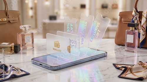 Digital Wallet Cards Displayed on Smartphone in Luxury Retail Setting