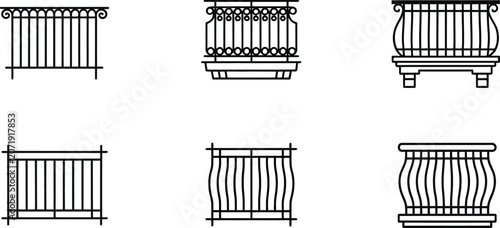 Canvastavla Fence, railings, and balustrade vector set, ornamental ironwork designs, black a