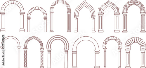 Architectural Arches, Vector Arches, Building Elements, Brown Line Drawings, 12 Arches