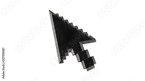 A 3d rendered illustration of black pixelated cursor icon with sharp edges in a close-up view.