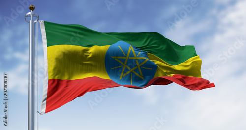 Close-up of Ethiopia national flag waving in the wind