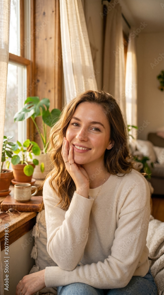 Fototapeta premium Natural beauty portrait of a smiling woman in a cozy home setting