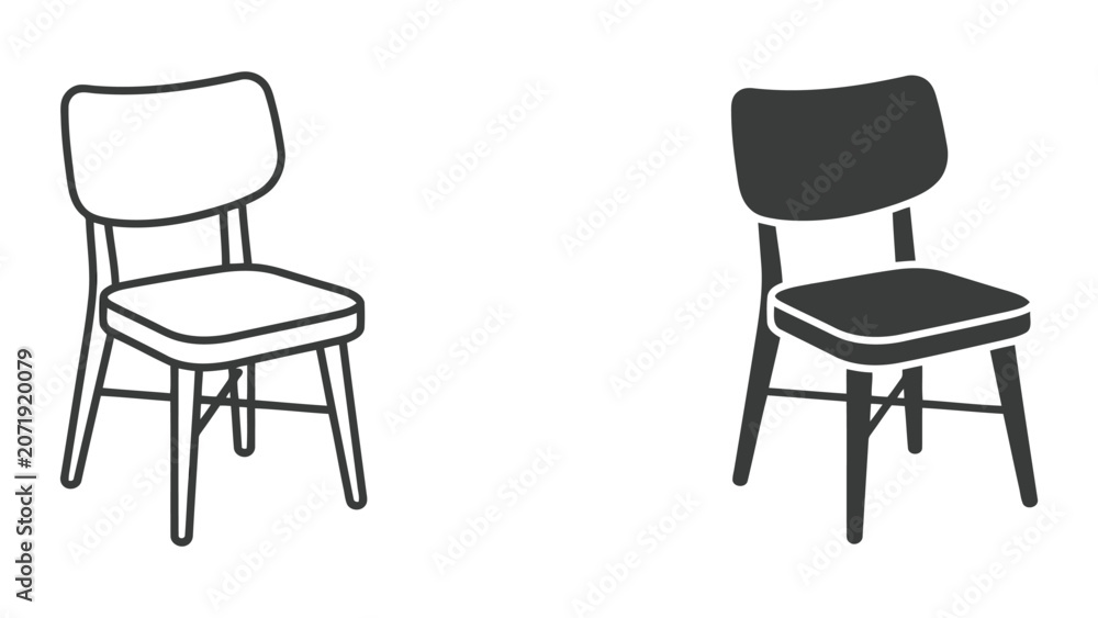 Fototapeta premium Classic dining chair icon presenting a simple outline and a solid glyph version for furniture and interior design