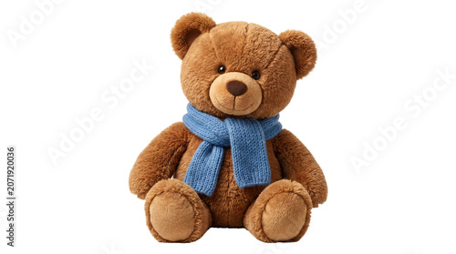 Photos Cute brown fluffy teddy bear wearing cozy blue knitted scarf isolated on a plain transparent background file