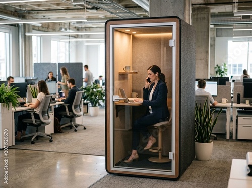 Phone Booth Quiet Room in Open Plan Office | Acoustic Privacy Pod Modern Workspace Stock Photo